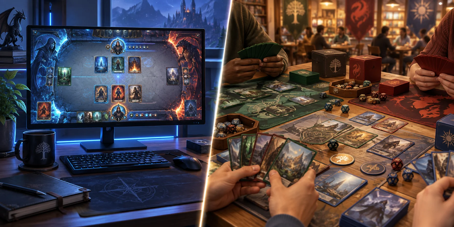 Friends gathered around a fantasy card game table