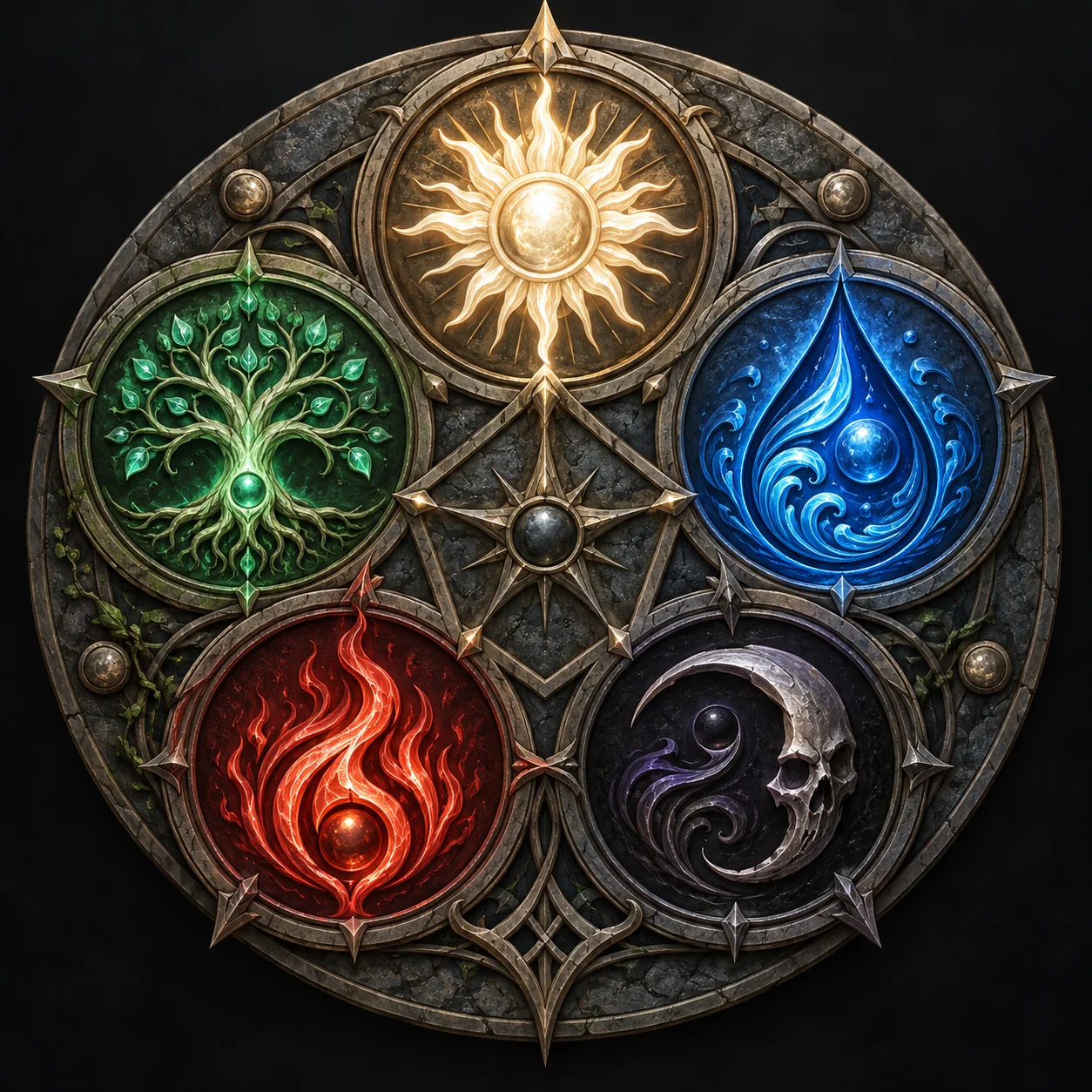 Ornate circular emblem with five glowing elemental symbols