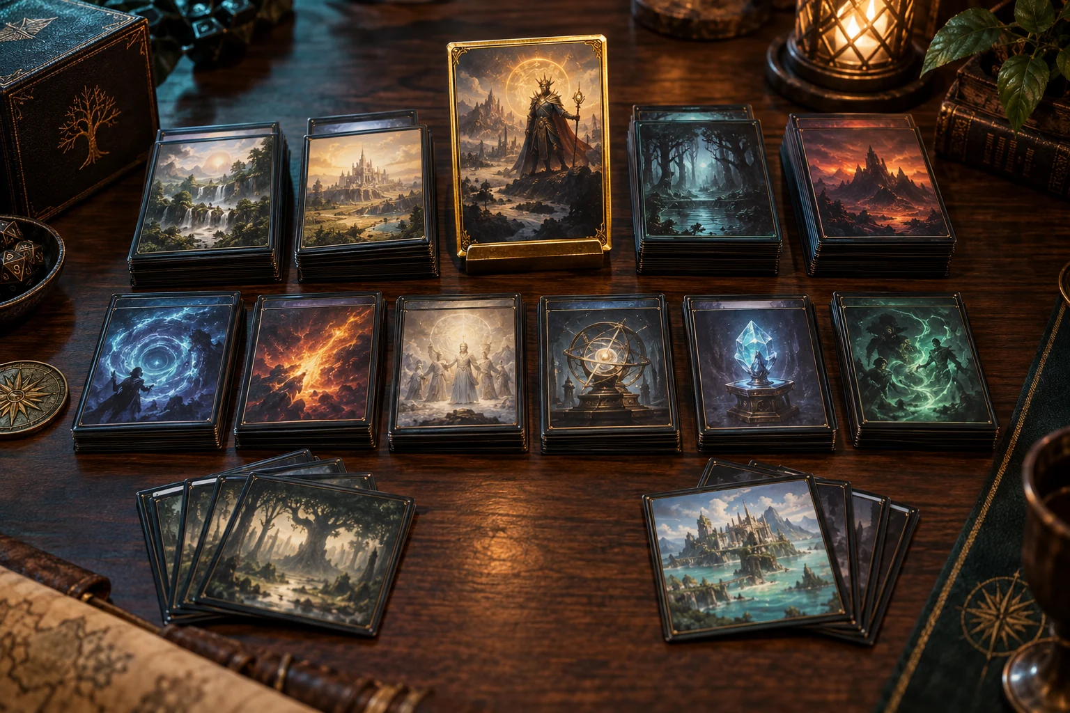 A prepared deck of fantasy trading cards arranged for play