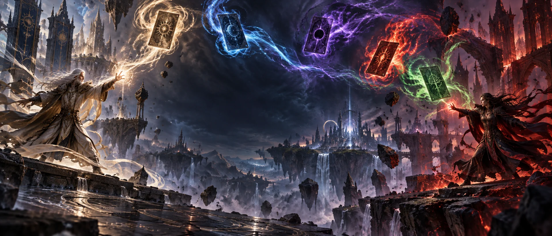 Two original fantasy spellcasters dueling across a floating mystical realm